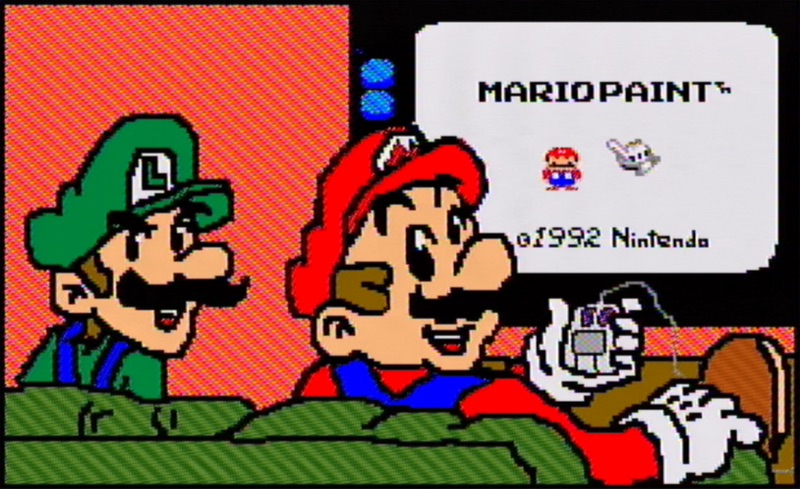 A Mario Paint illustration of the Mario Brothers playing Mario Paint together.