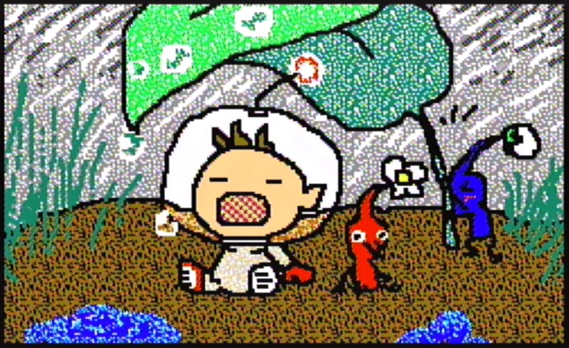 A Mario Paint illustration of some Pikmin and Captain Olimar taking shelter under a leaf during a rainstorm.