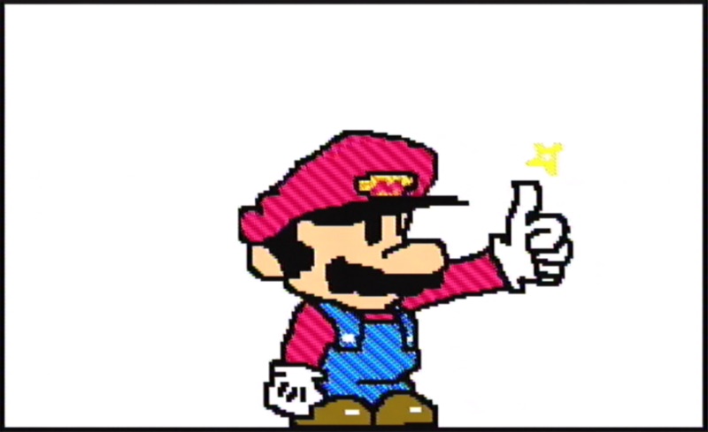 A Mario Paint illustration of small Super Mario World Mario giving a big thumbs up.