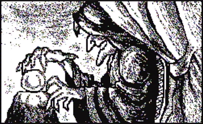 A Mario Paint illustration of the fortune teller from A Link to the Past, based on an old official artwork of them, done in only black and white.